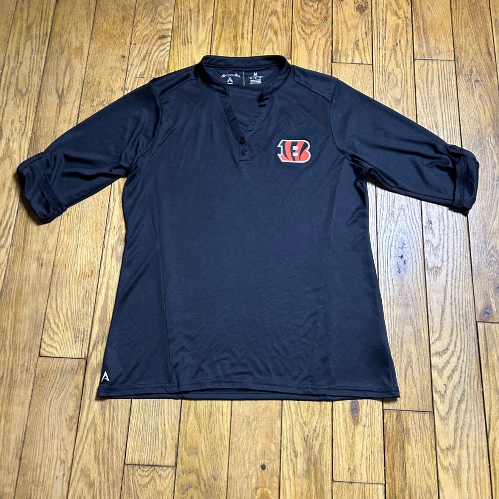 Antigua Cincinnati Bengals Womens Black 3/4 Sleeve Henley Polo Shirt Size M‎